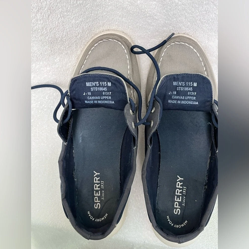 Mens Sperry 2 Eyelet Boat Shoe 11.5 Med Wid Canvas Gray/Blue/ White Memory Foam